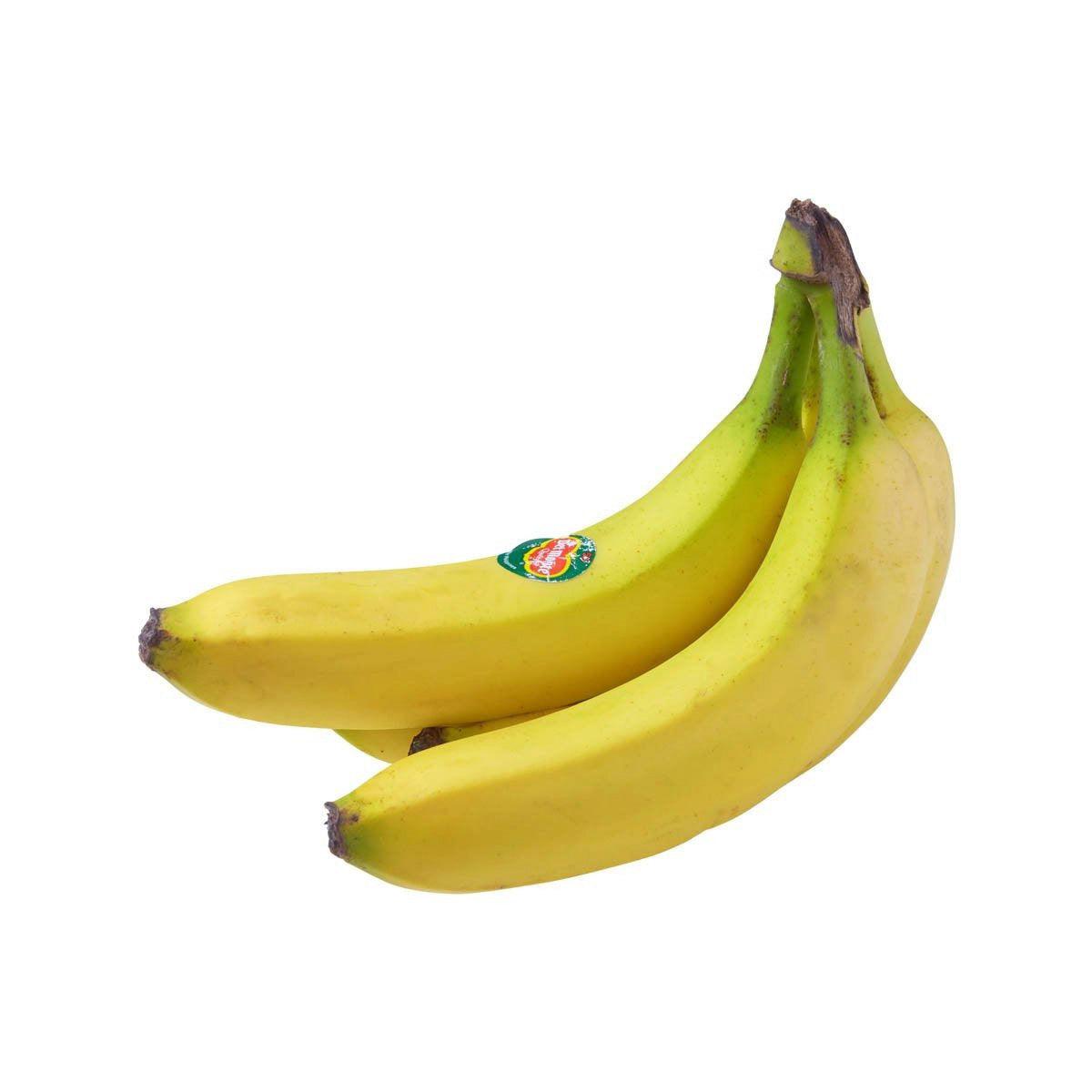 Banana bunch from Dole with a small fruit sticker, three ripe yellow bananas