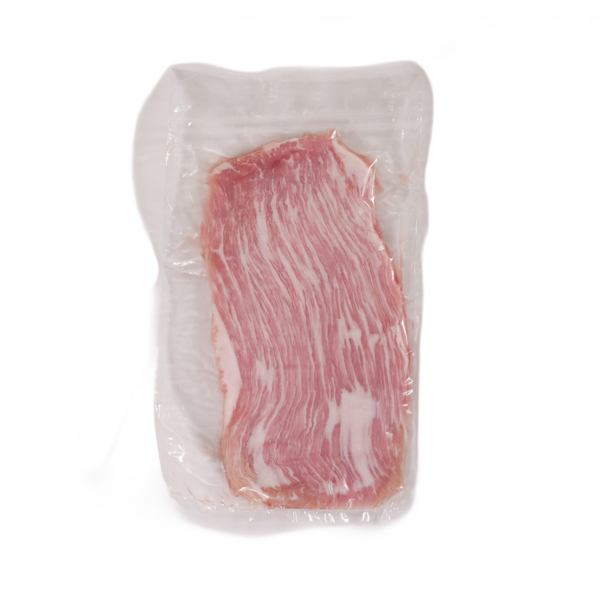 Vacuum-sealed pork jowl meat in clear film, pink marbled