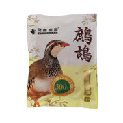 Frozen partridge meat pouch with 300-day badge, bird illustration, and brand logo
