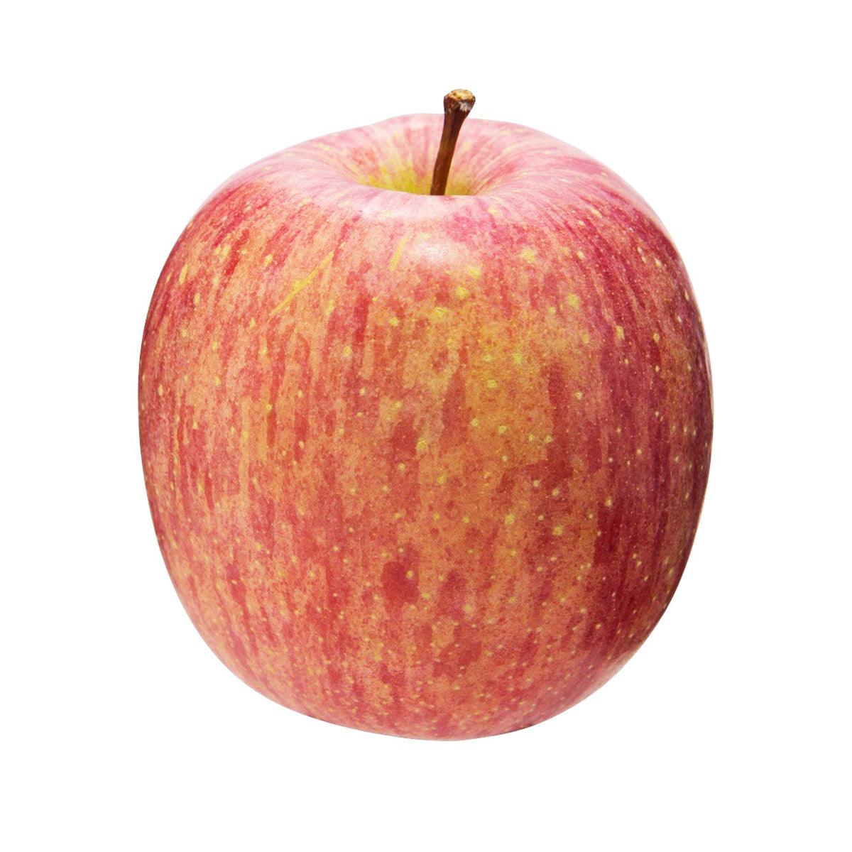 Red and yellow speckled apple with short stem