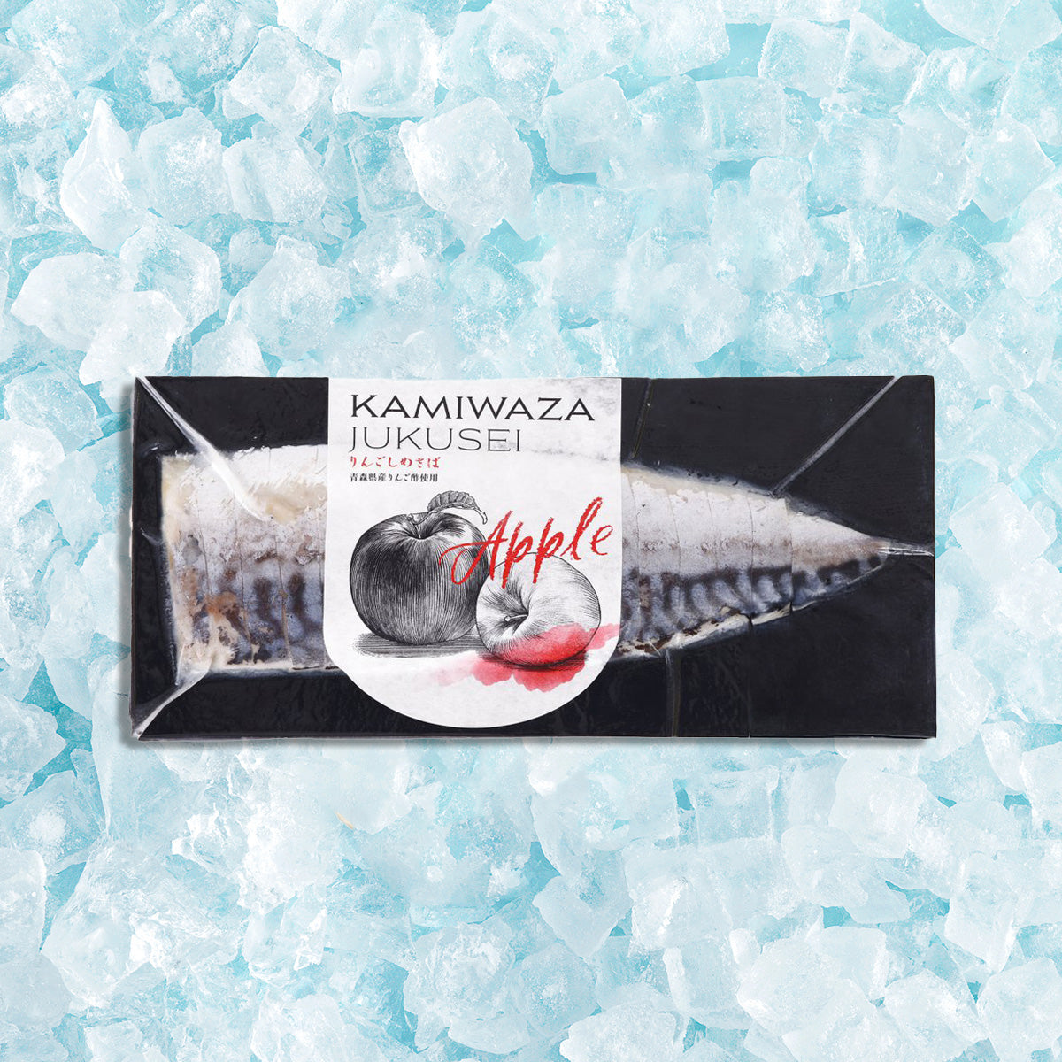 Frozen marinated mackerel with apple in a black-and-white retail package
