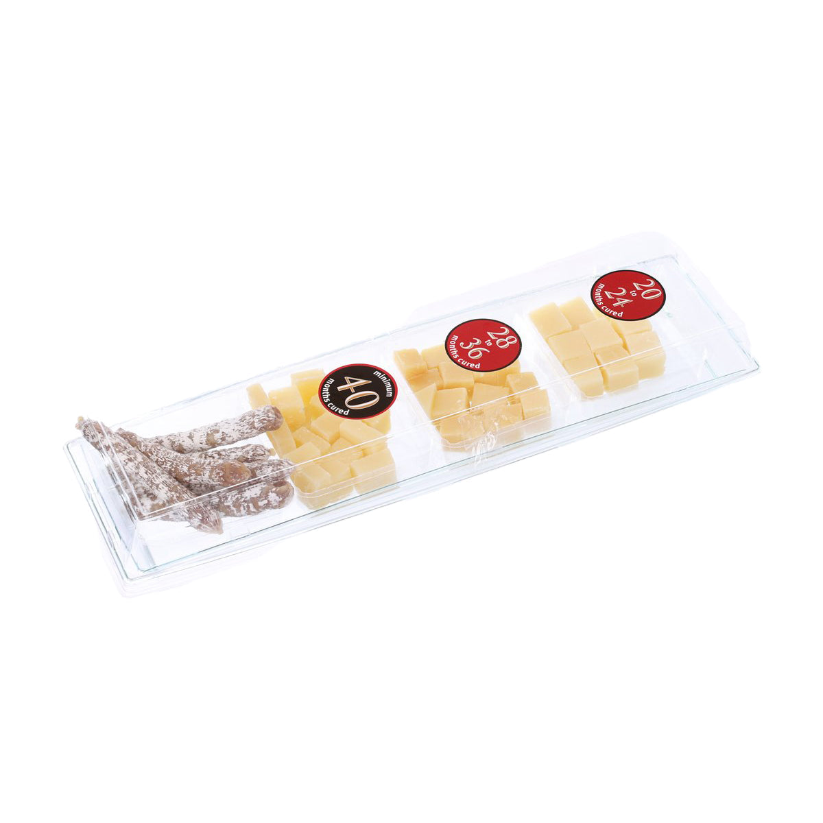 Cheese tasting set in clear tray, angled view, with yellow cubes and dark rind wedges