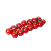 Vine cherry tomatoes, bright red with green stems, fresh produce