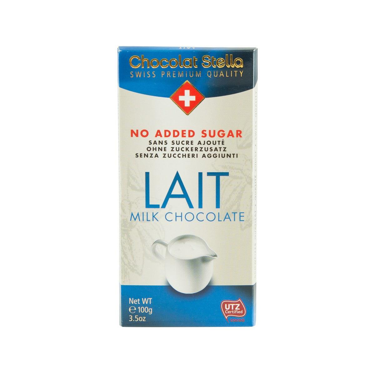 No added sugar milk chocolate package with blue and white front panel