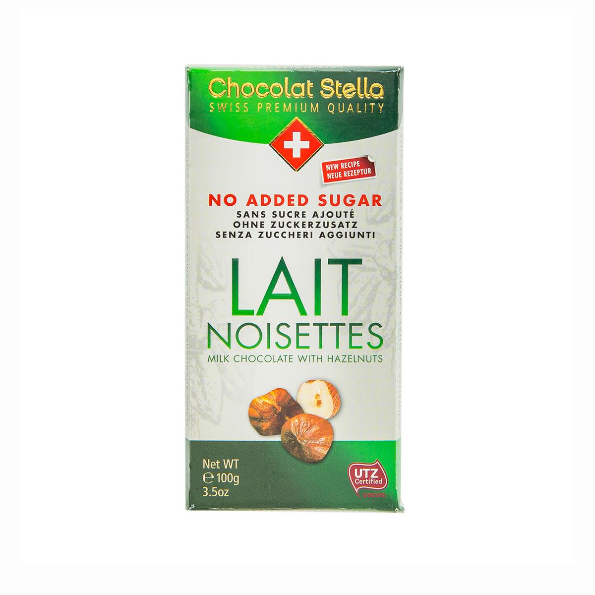 No-added-sugar milk chocolate with hazelnuts, 100g pack, front label