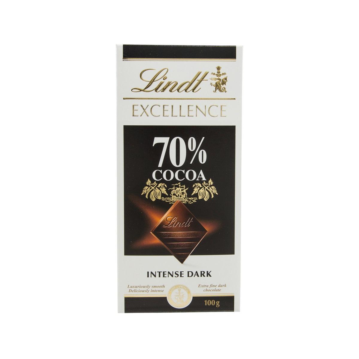 LINDT Excellence 70% cocoa dark chocolate bar packaging, 100g