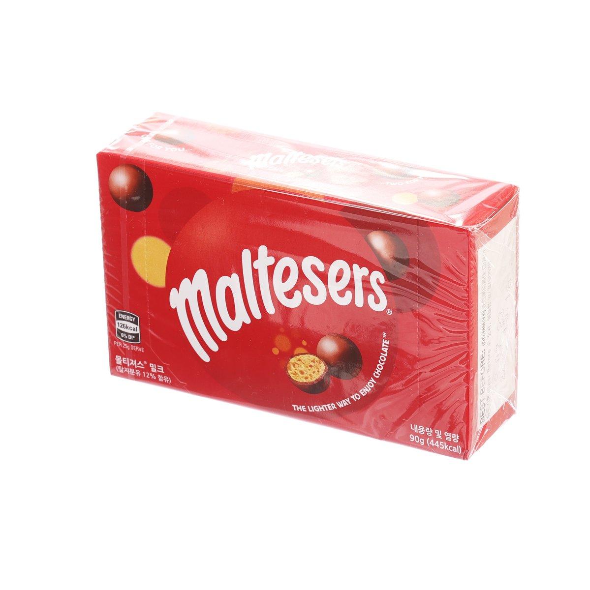 MALTESERS milk chocolate candy box, red side view with logo and malt ball graphic