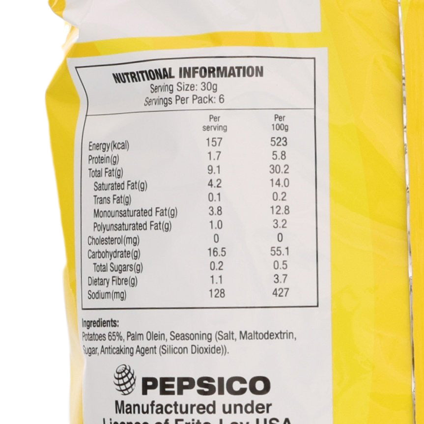 Close-up of Lay's Classic potato chips nutrition label with PEPSICO and ingredients