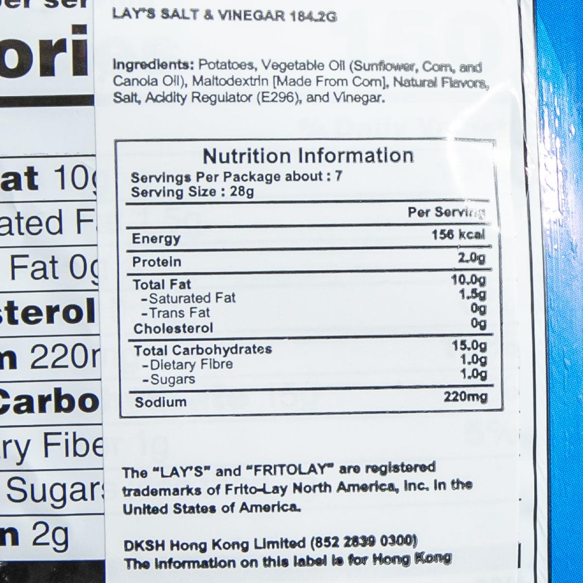 LAY'S Salt & Vinegar Nutrition Information label with ingredients and serving size