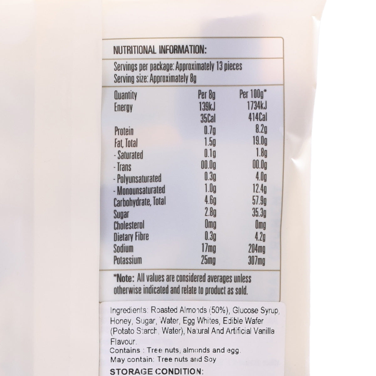 Nutrition facts panel on nougat bites packaging with serving details