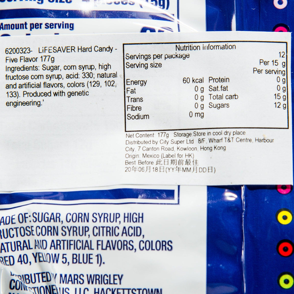 LIFE SAVERS hard candy nutrition facts panel on back of pouch