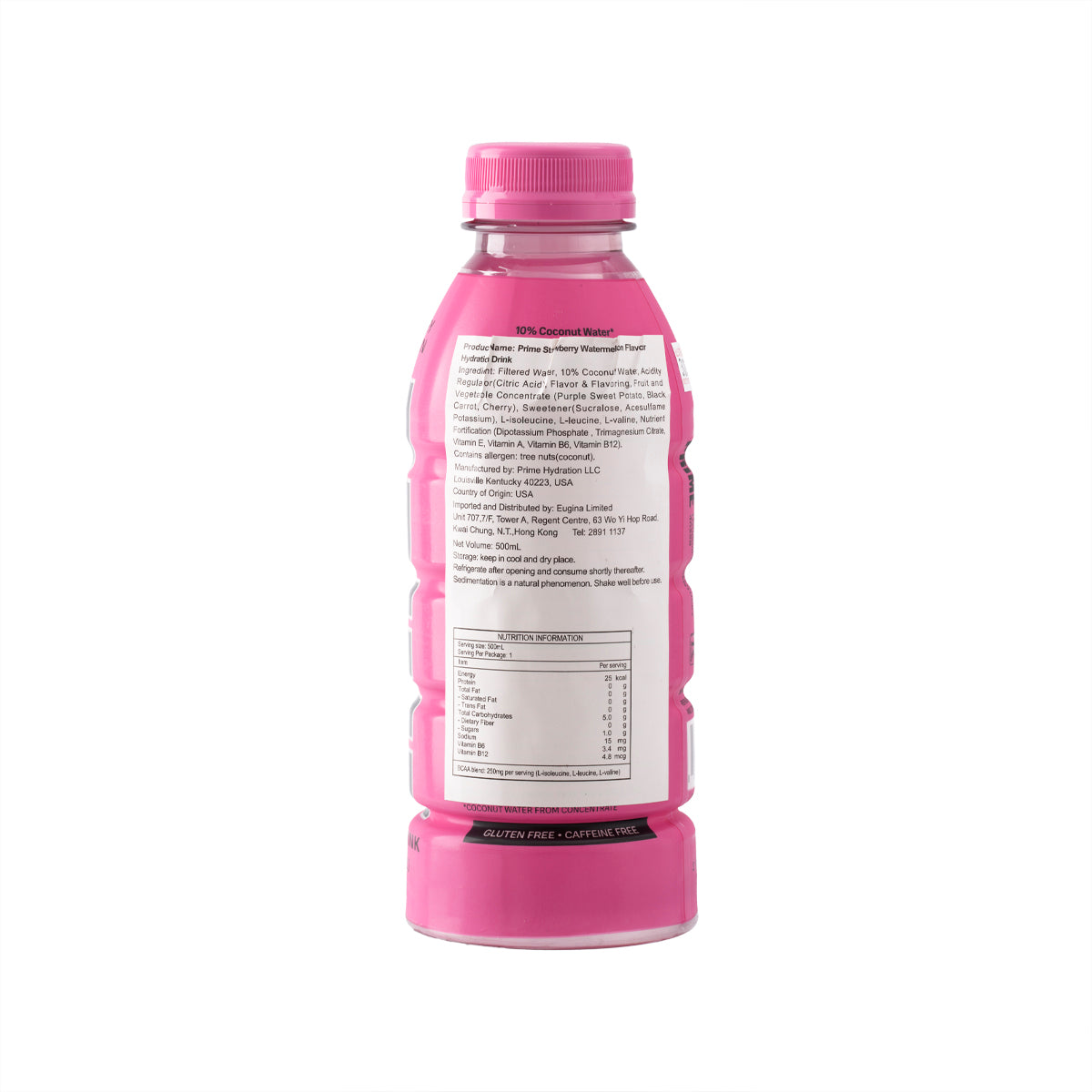 500 mL strawberry watermelon hydration drink bottle, back panel with ingredient facts