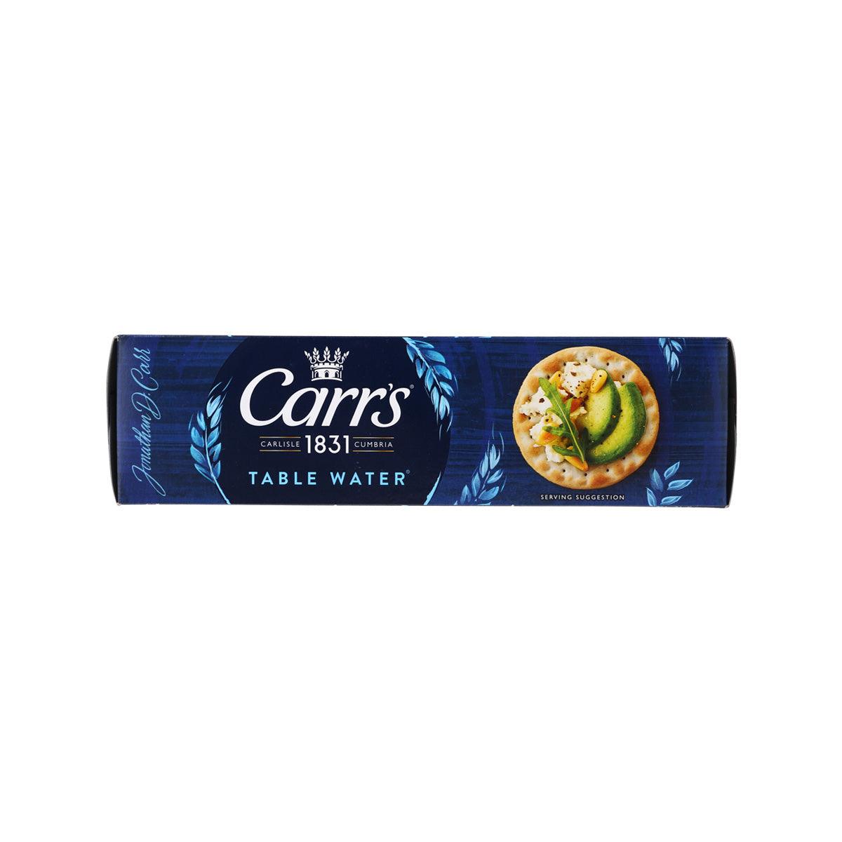 Blue biscuit crackers box, Table Water label with food serving photo