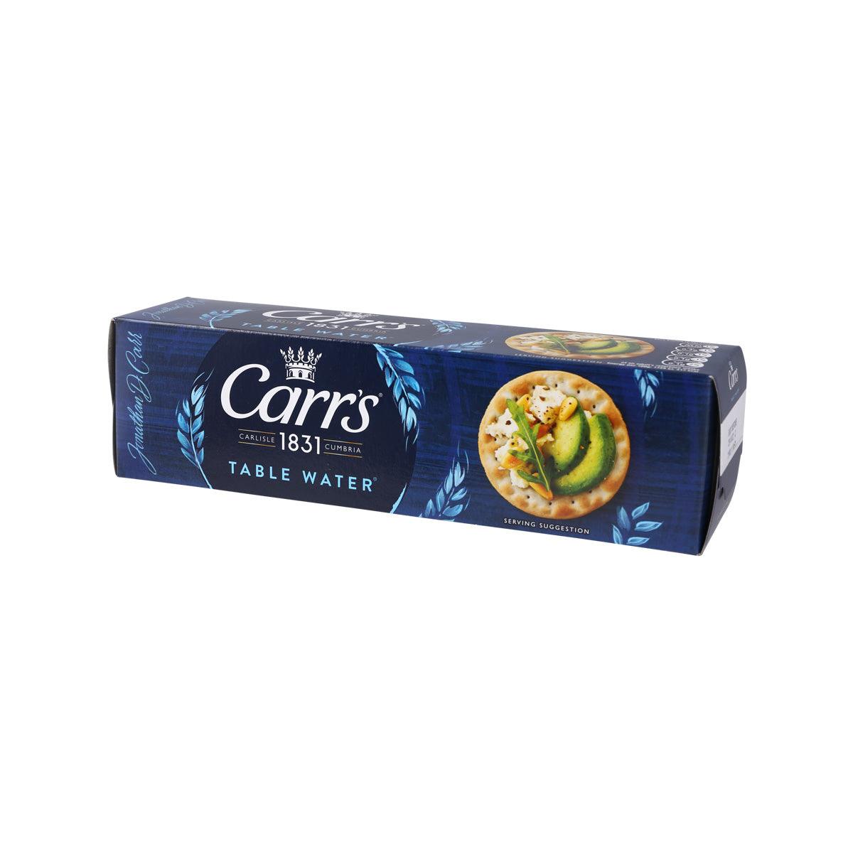 Blue Table Water biscuit crackers box, side view with food serving circle