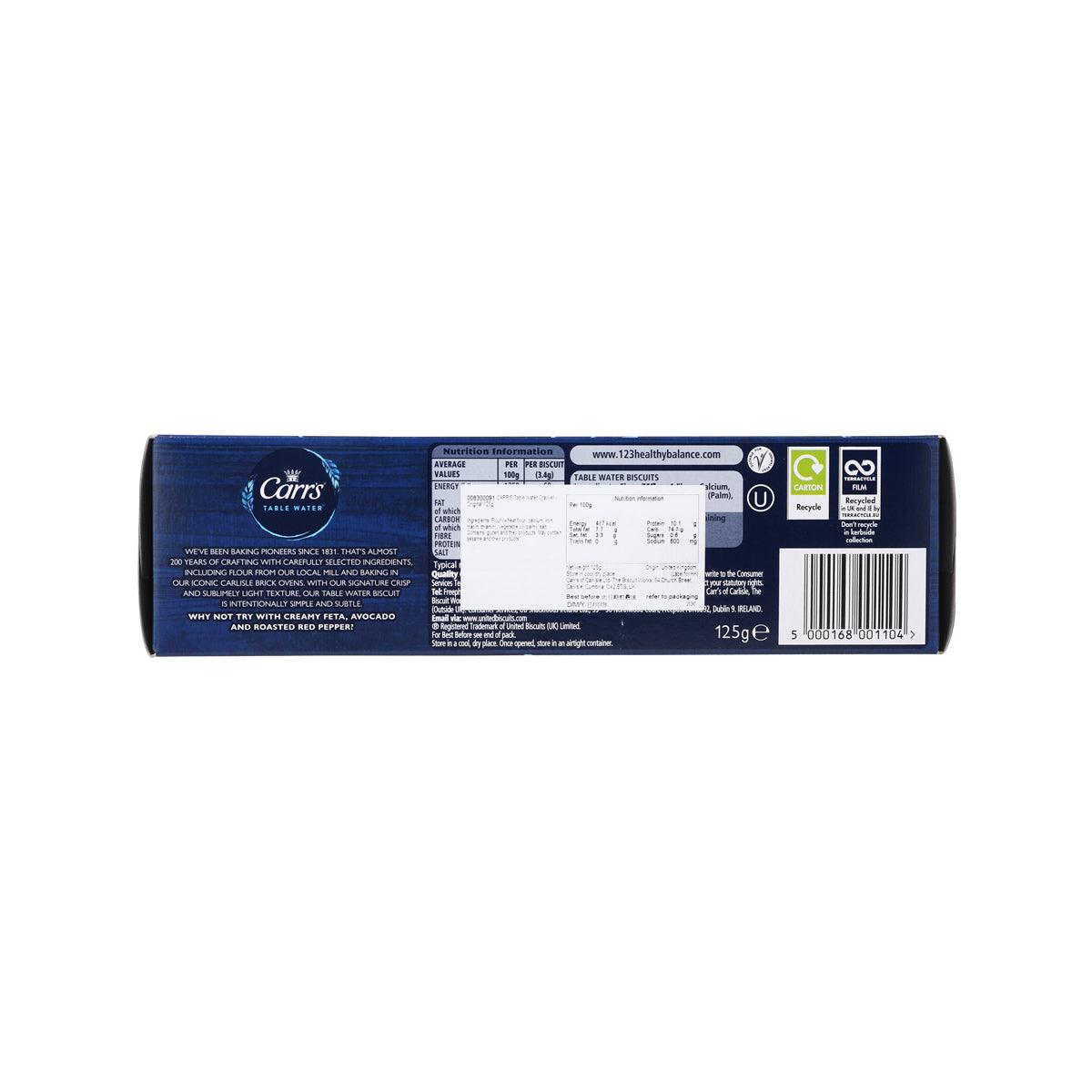 Blue biscuit crackers box back with barcode and nutrition facts panel