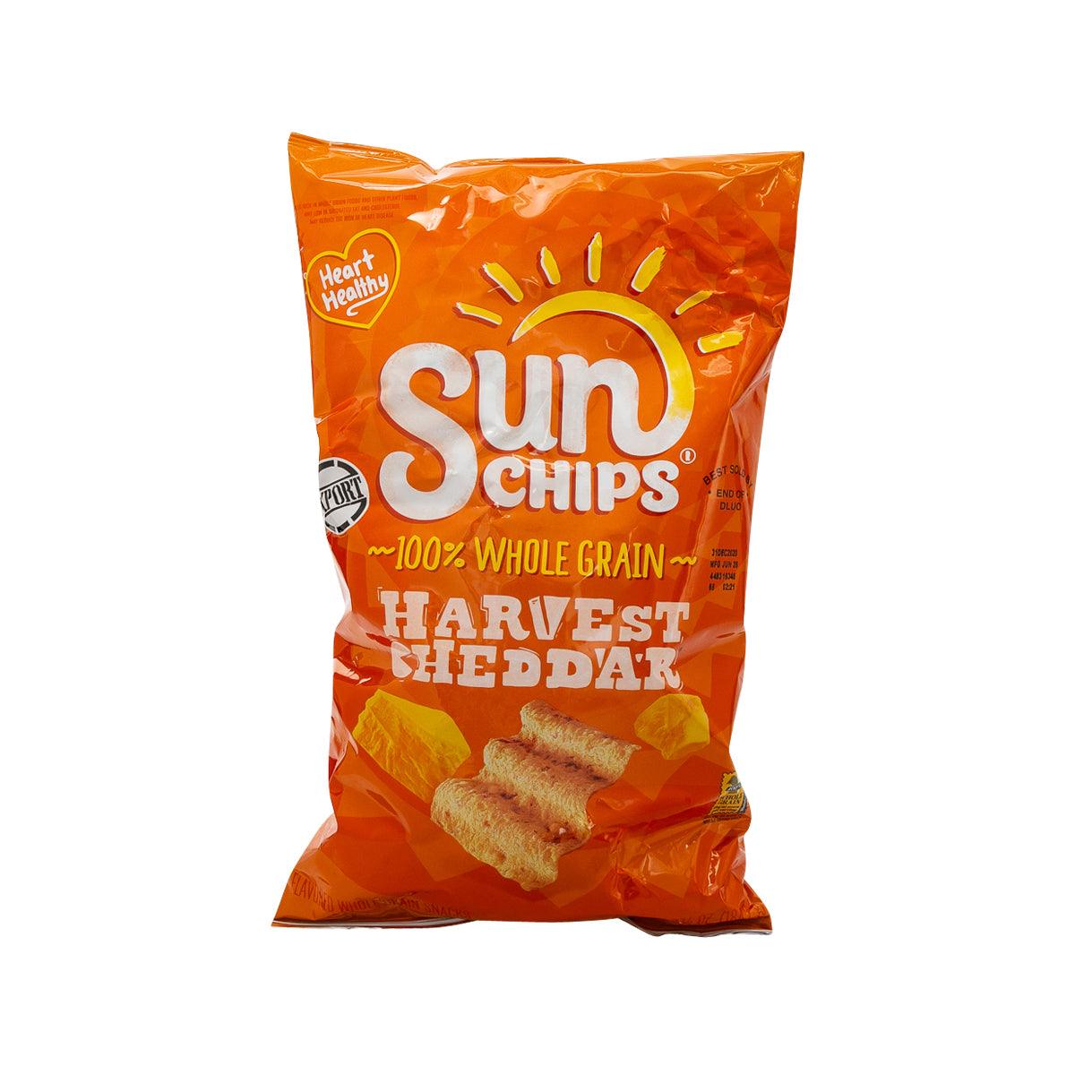 Sunchips Harvest Cheddar whole grain snack bag, orange pack with chip graphics