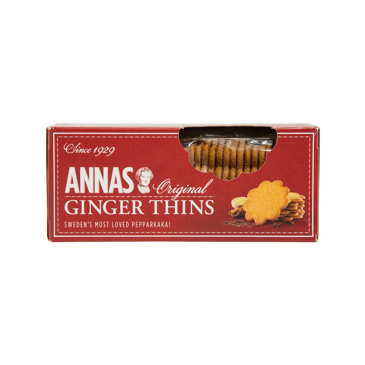 ANNA'S ginger thins cookie box, red front with clear window and cookie stack art