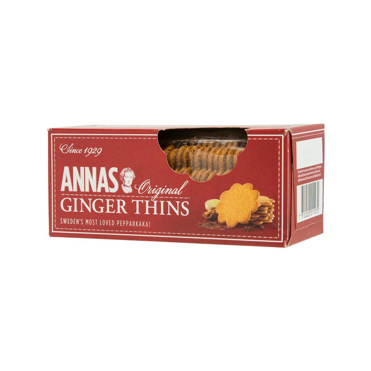 ANNA'S ginger thins cookie box side, red with barcode and stacked cookie art