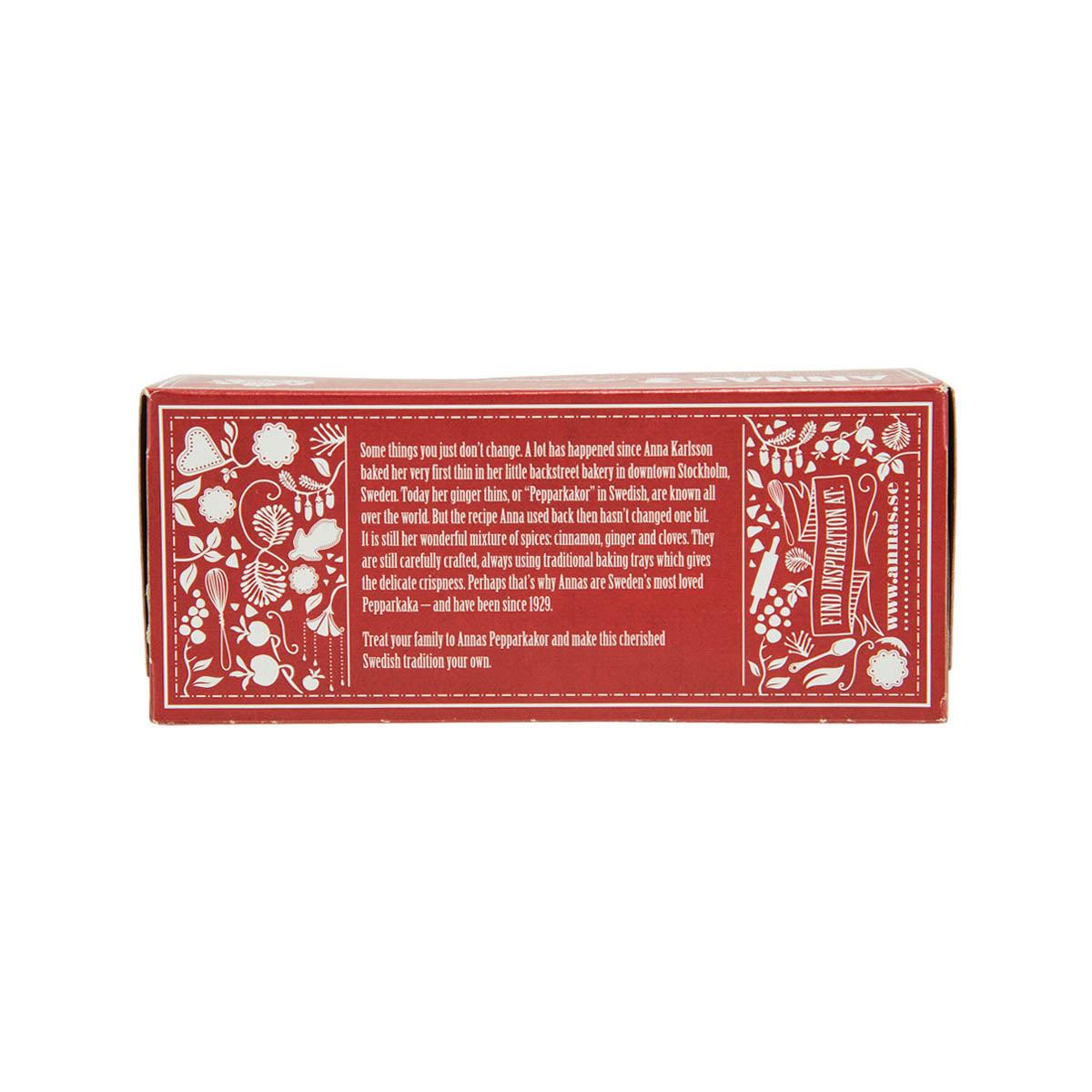 ANNA'S ginger thins cookie box back, red panel with white text and cookie pattern