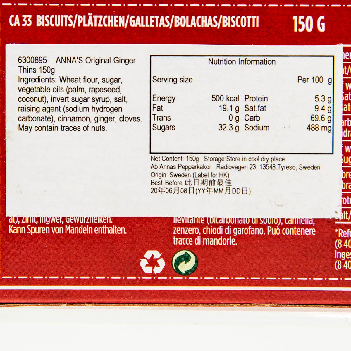 ANNA'S ginger thins nutrition label, serving size and per-100g data on carton