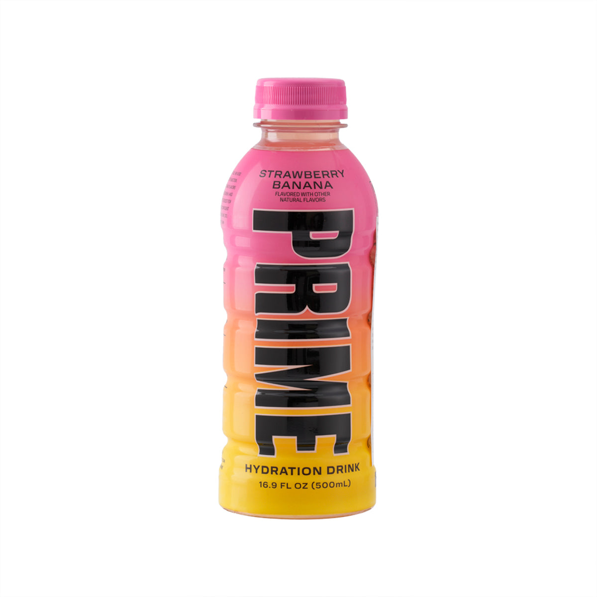 Hydration drink bottle, strawberry banana flavor, pink-to-yellow label, 500 mL