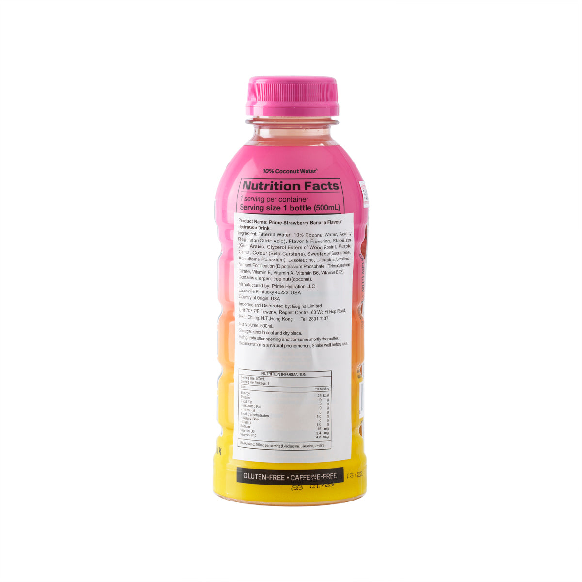 Hydration drink bottle back label with nutrition facts, strawberry banana, 500 mL