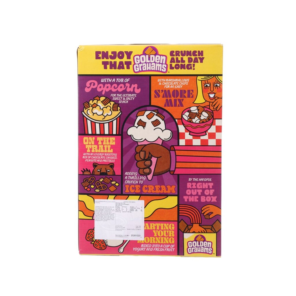 Golden Grahams cereal box back with nutrition and ingredient panel