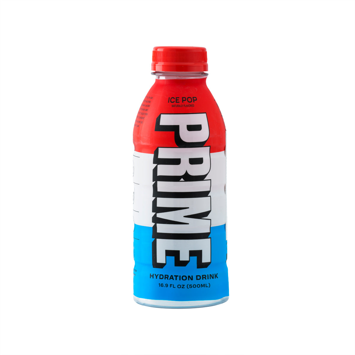 Ice Pop hydration drink bottle with red cap, front label in red and blue