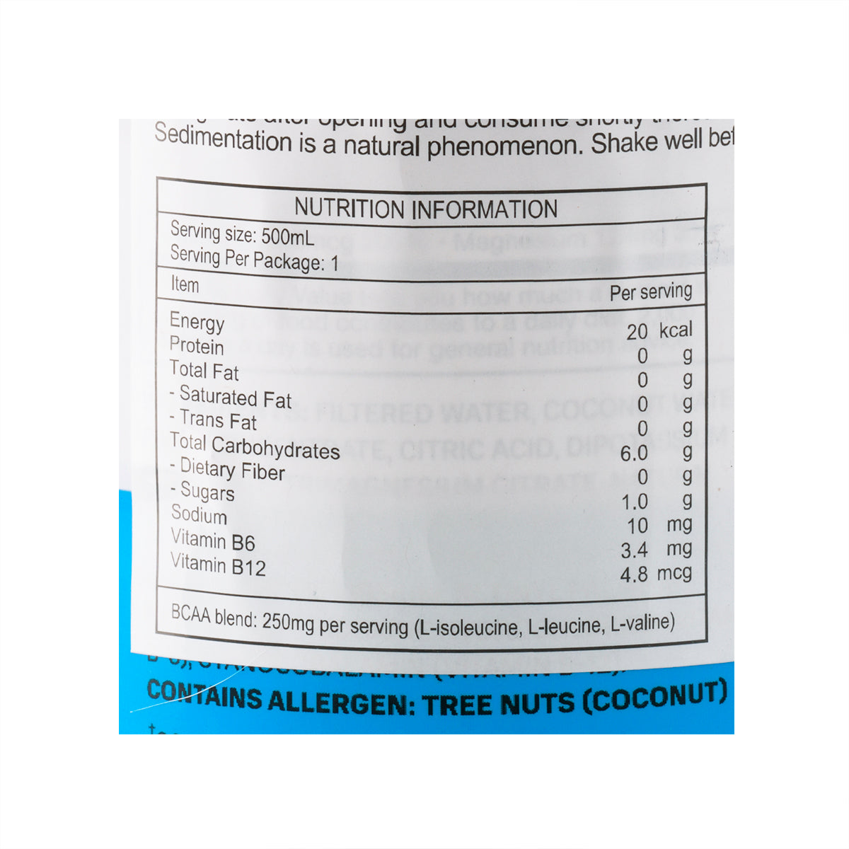 Hydration drink nutrition information panel, serving size 500mL