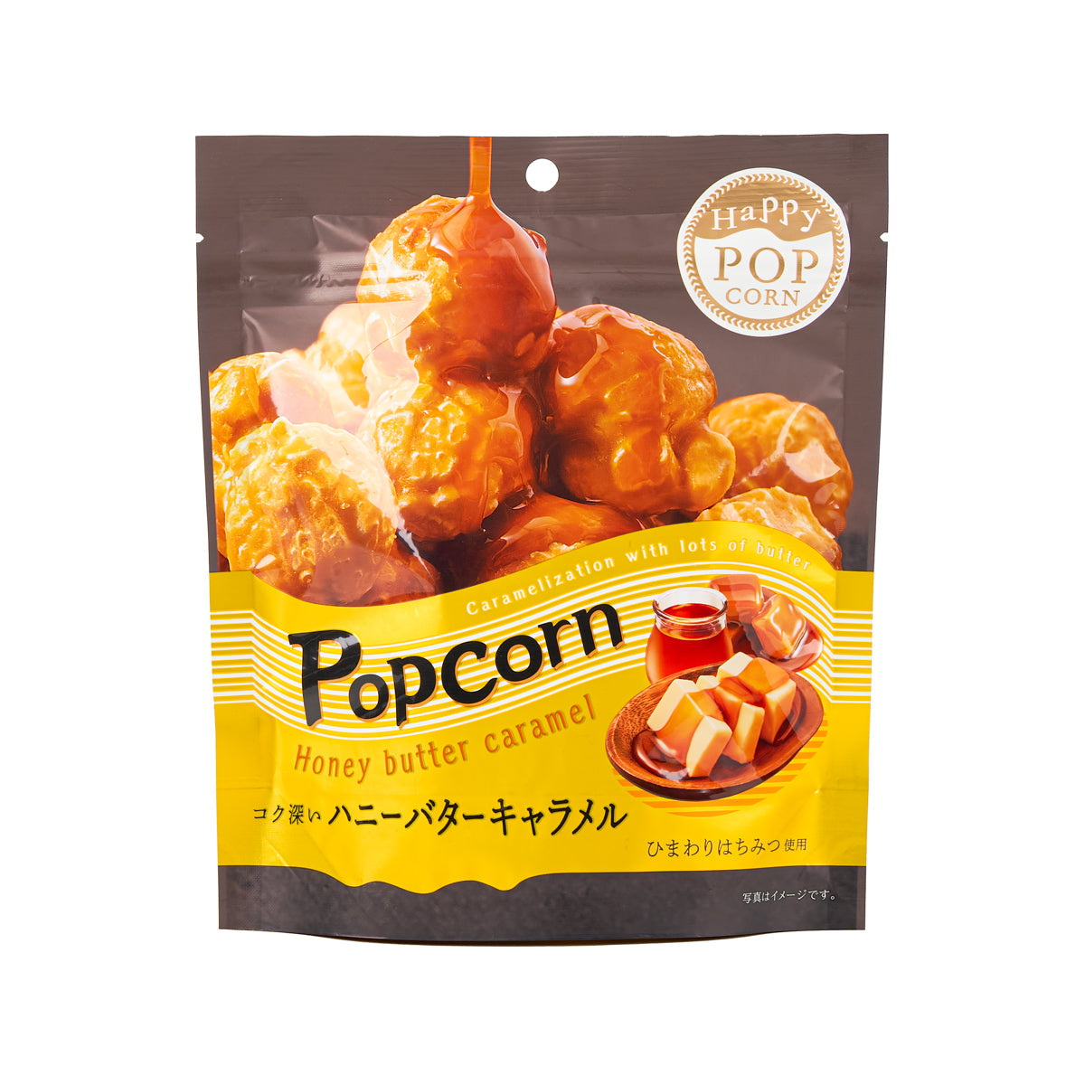 MDH Happy Popcorn honey butter caramel flavor snack bag with caramel popcorn illustration