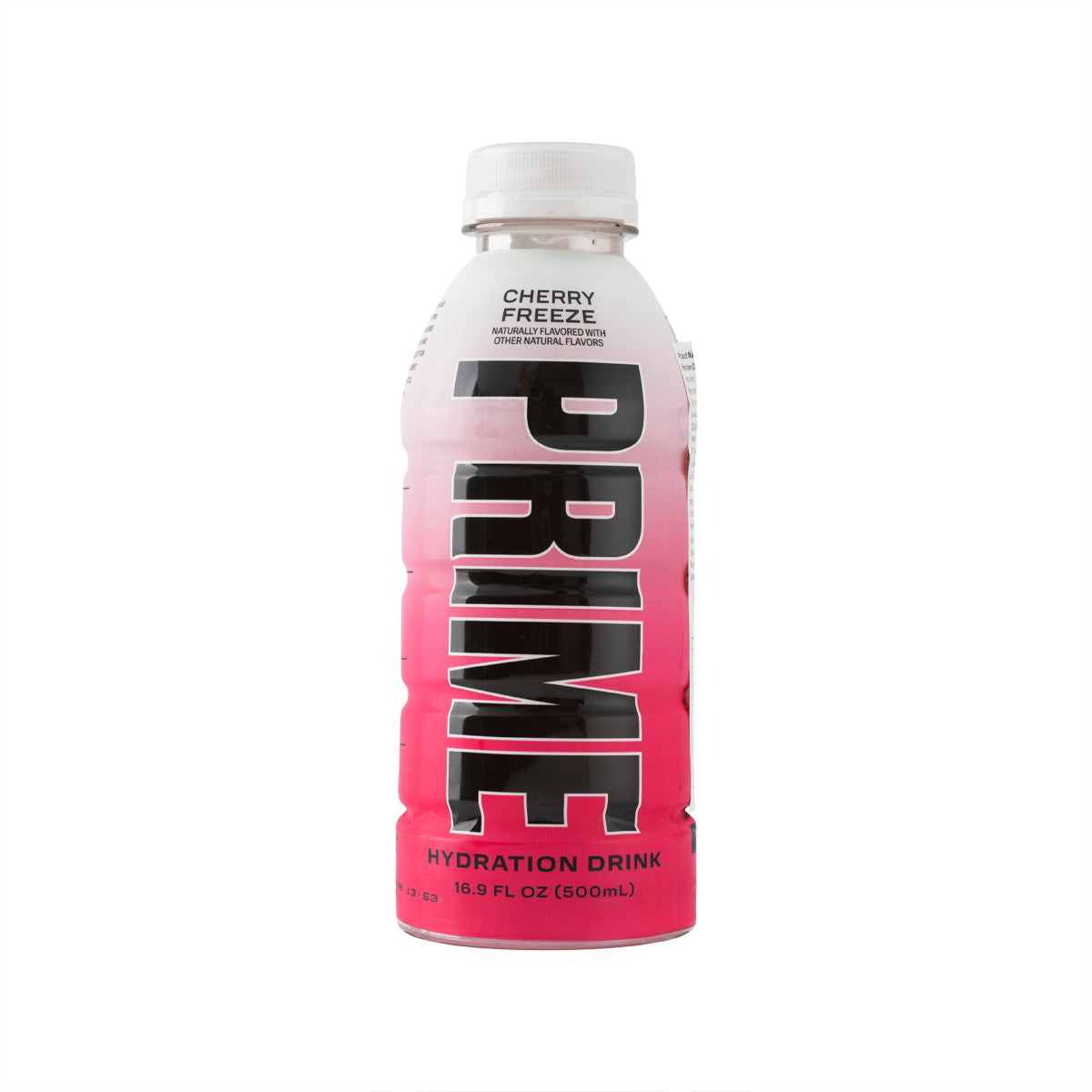 PRIME hydration drink bottle, Cherry Freeze flavor, 500 mL, pink label.