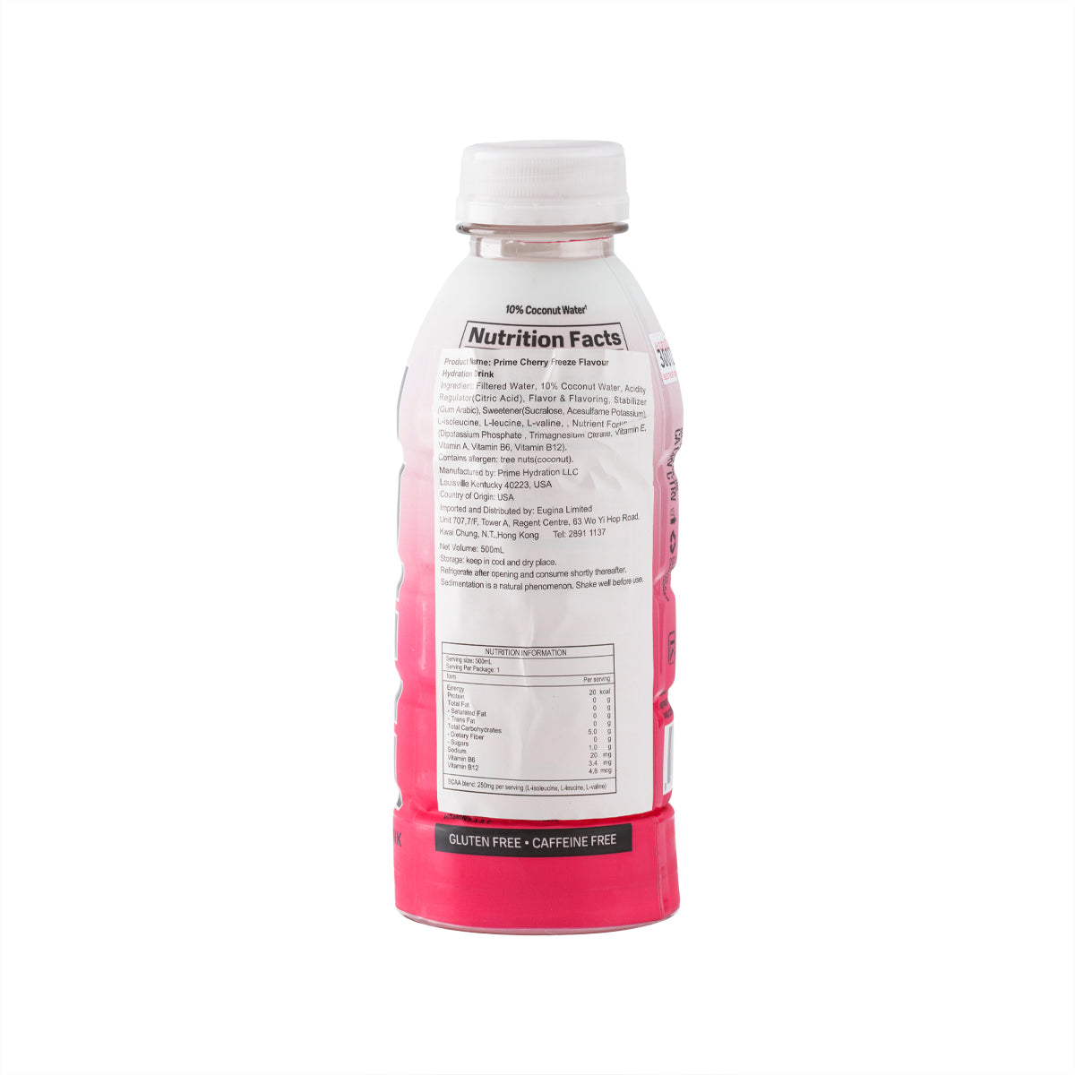 PRIME hydration drink bottle back, nutrition facts panel, 500 mL, pink.