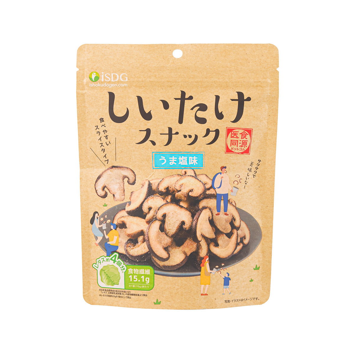 ISHOKUDOGEN shiitake mushroom snack pouch, salt flavor, with mushroom illustration
