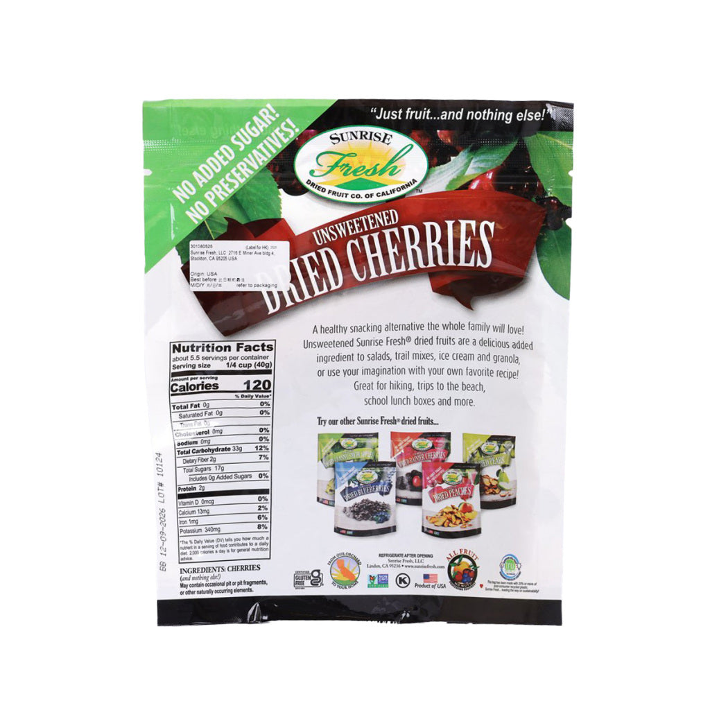 SUNRISE unsweetened dried cherries back label with nutrition facts and ingredients