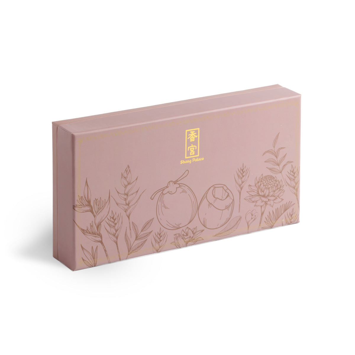 Pink mooncake gift box with gold leaf graphics and Shang Palace logo