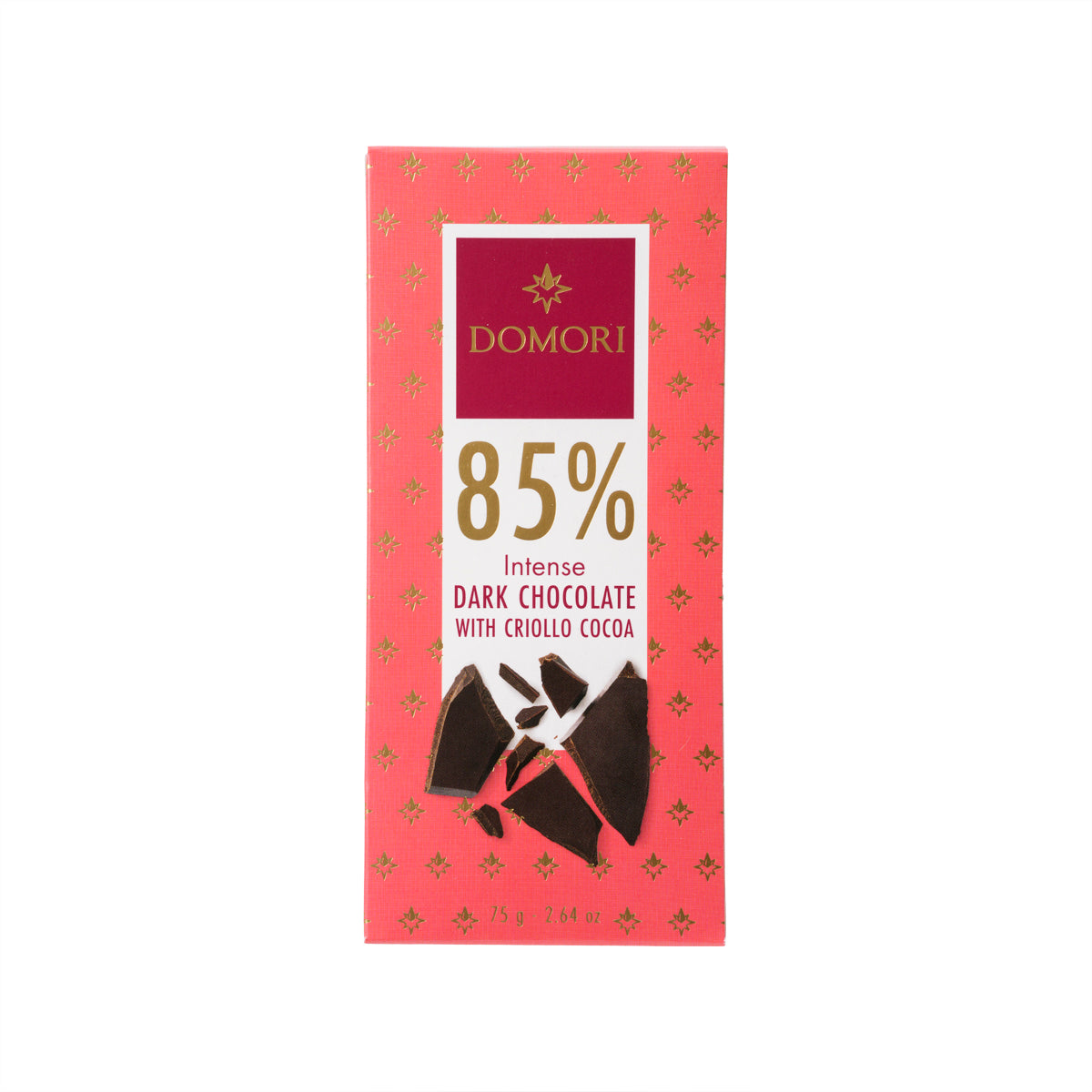 DOMORI 85% intense dark chocolate bar, red gift-style wrapper with cocoa nib design