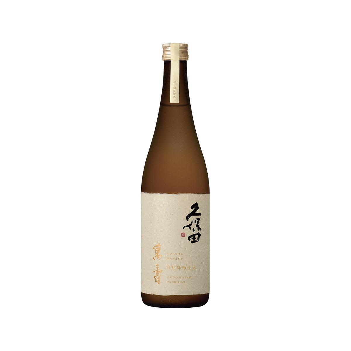 Bottled sake in dark brown glass with cream label and white foil cap