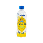Lemon carbonated drink bottle, blue cap, yellow front label, 500 mL PET