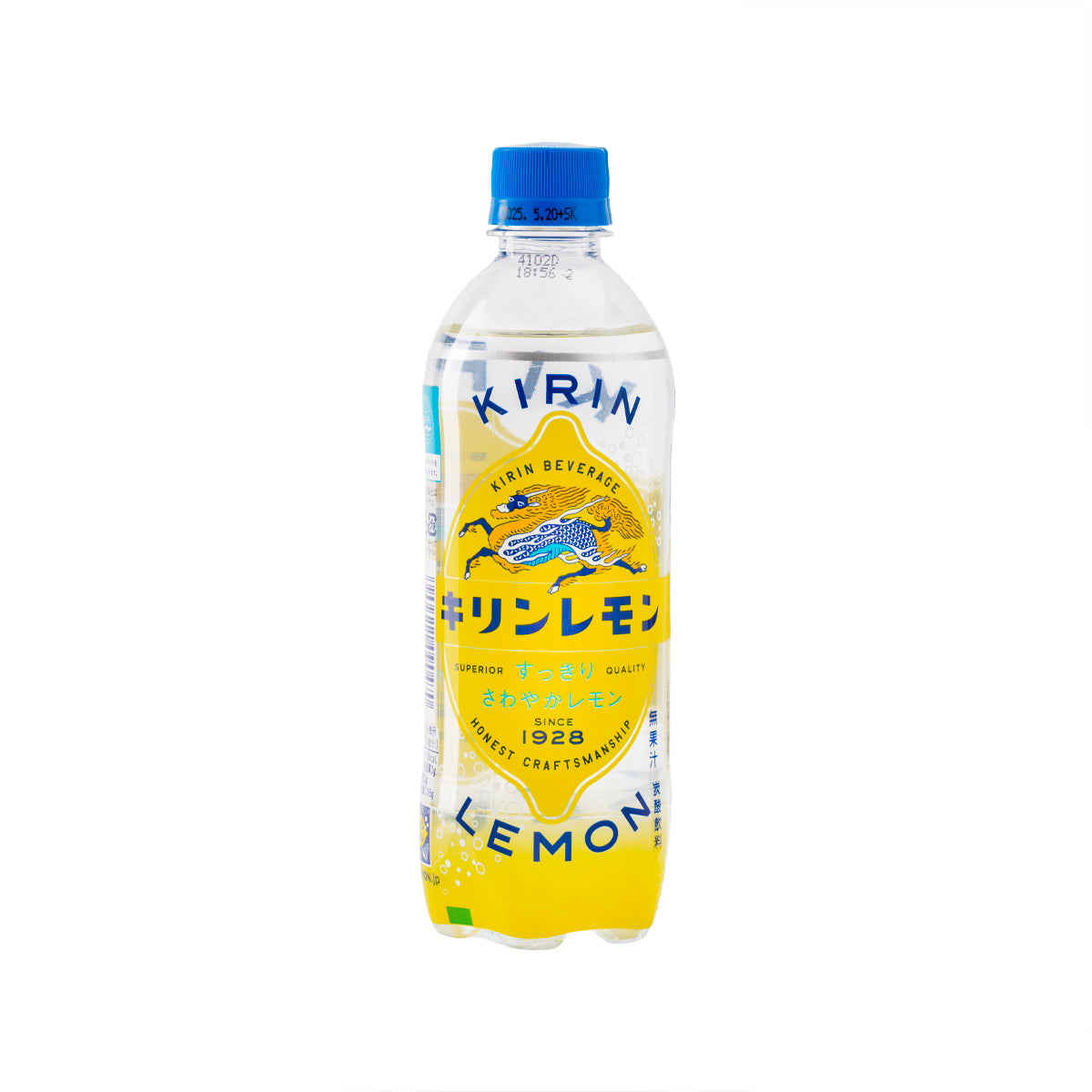 Lemon carbonated drink bottle, blue cap, yellow front label, 500 mL PET