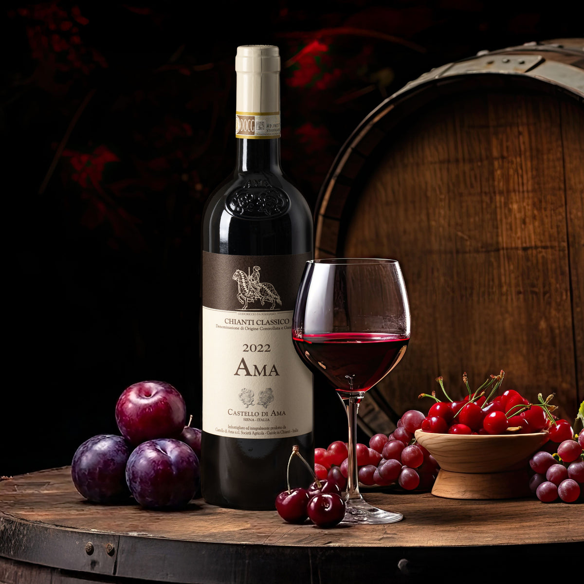 Chianti Classico 2022 wine bottle with glass of red wine and grapes