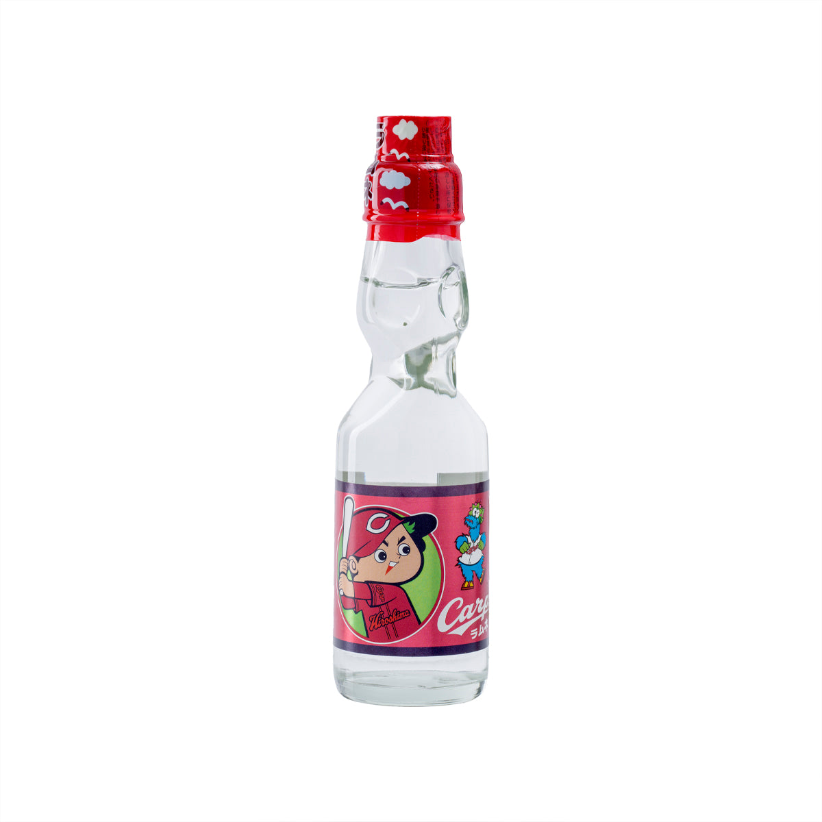 SAITO Carp Ramune sparkling drink bottle, 200 mL, clear glass with red cap