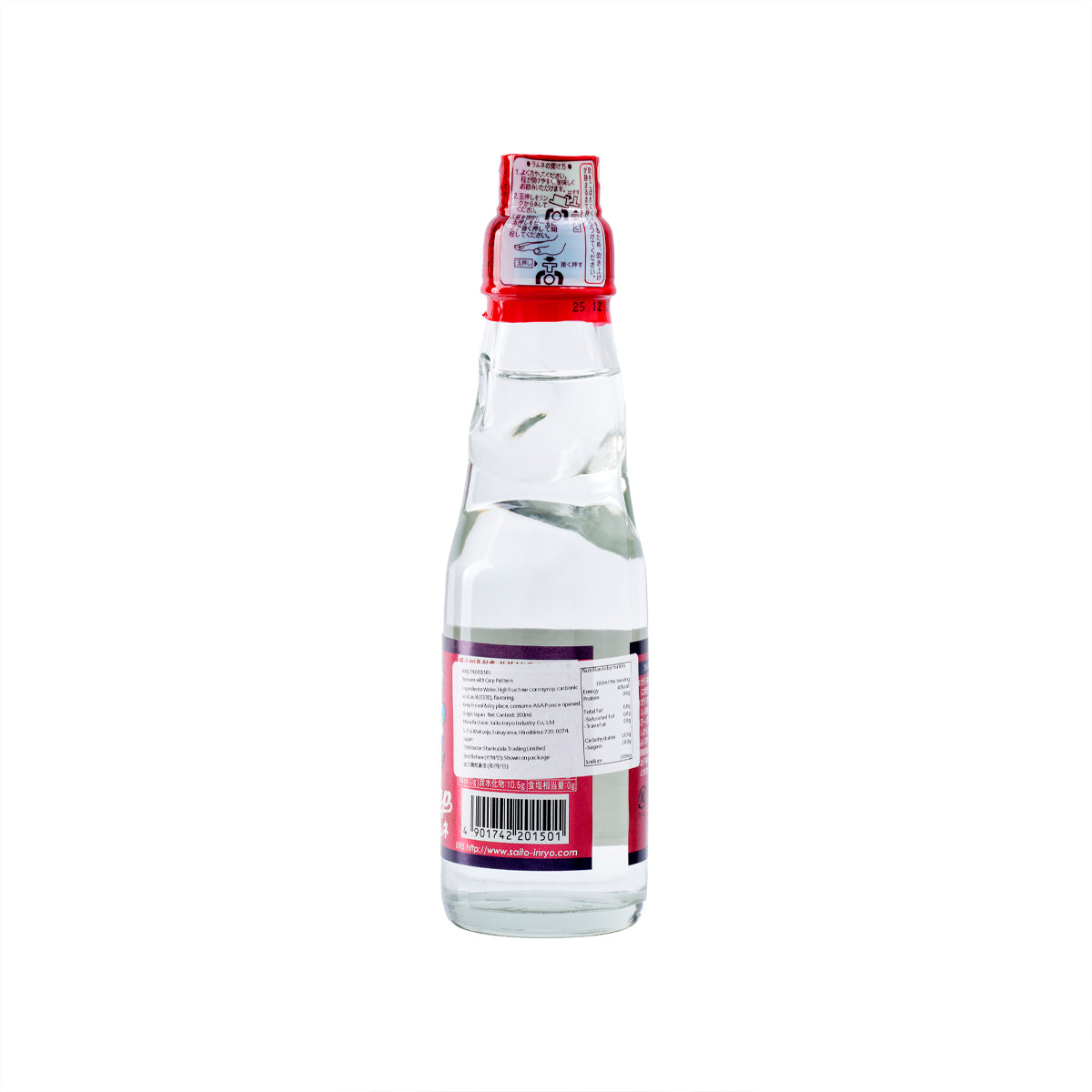 Ramune bottle, 200 mL, clear glass with red cap and back nutrition label
