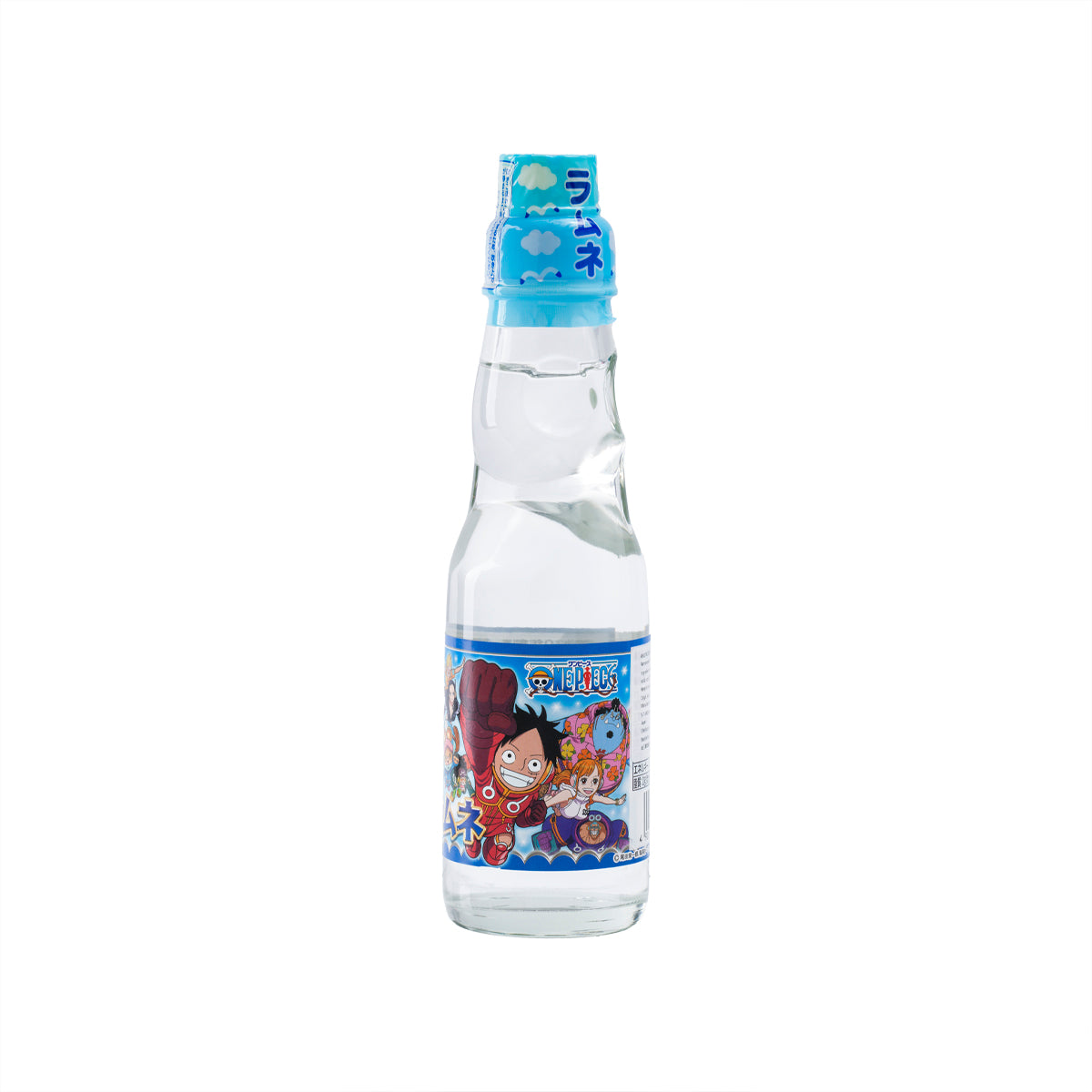 SAITO One Piece Ramune bottle, 200 mL, blue cap and character front label