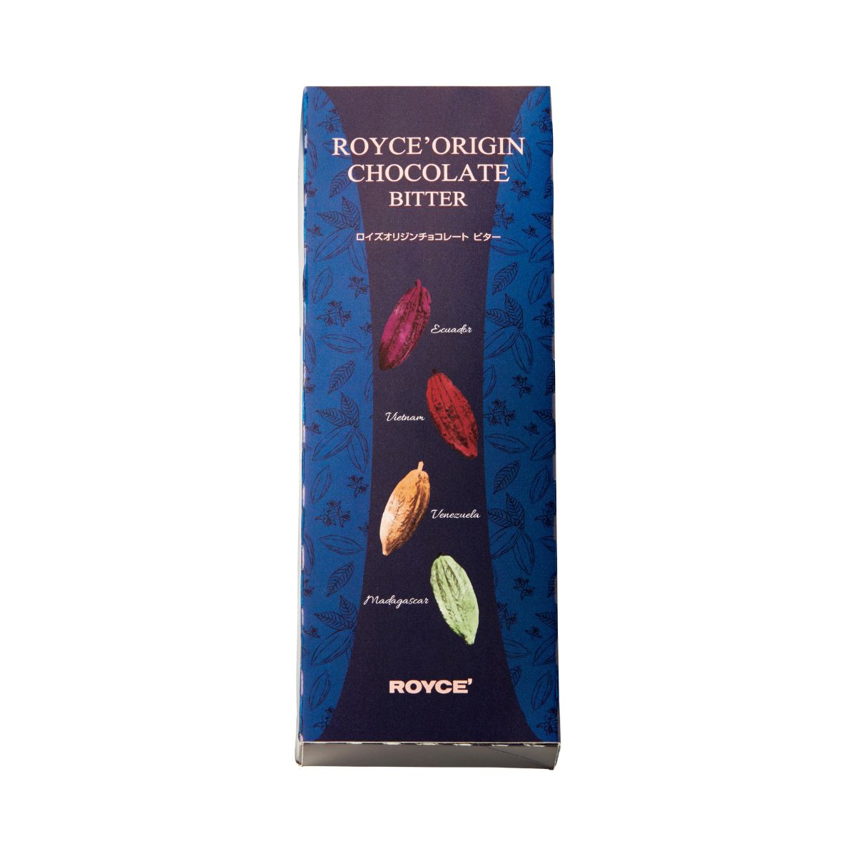 ROYCE' Origin Chocolate Bitter pouch with blue leaf pattern and foil bottom seal