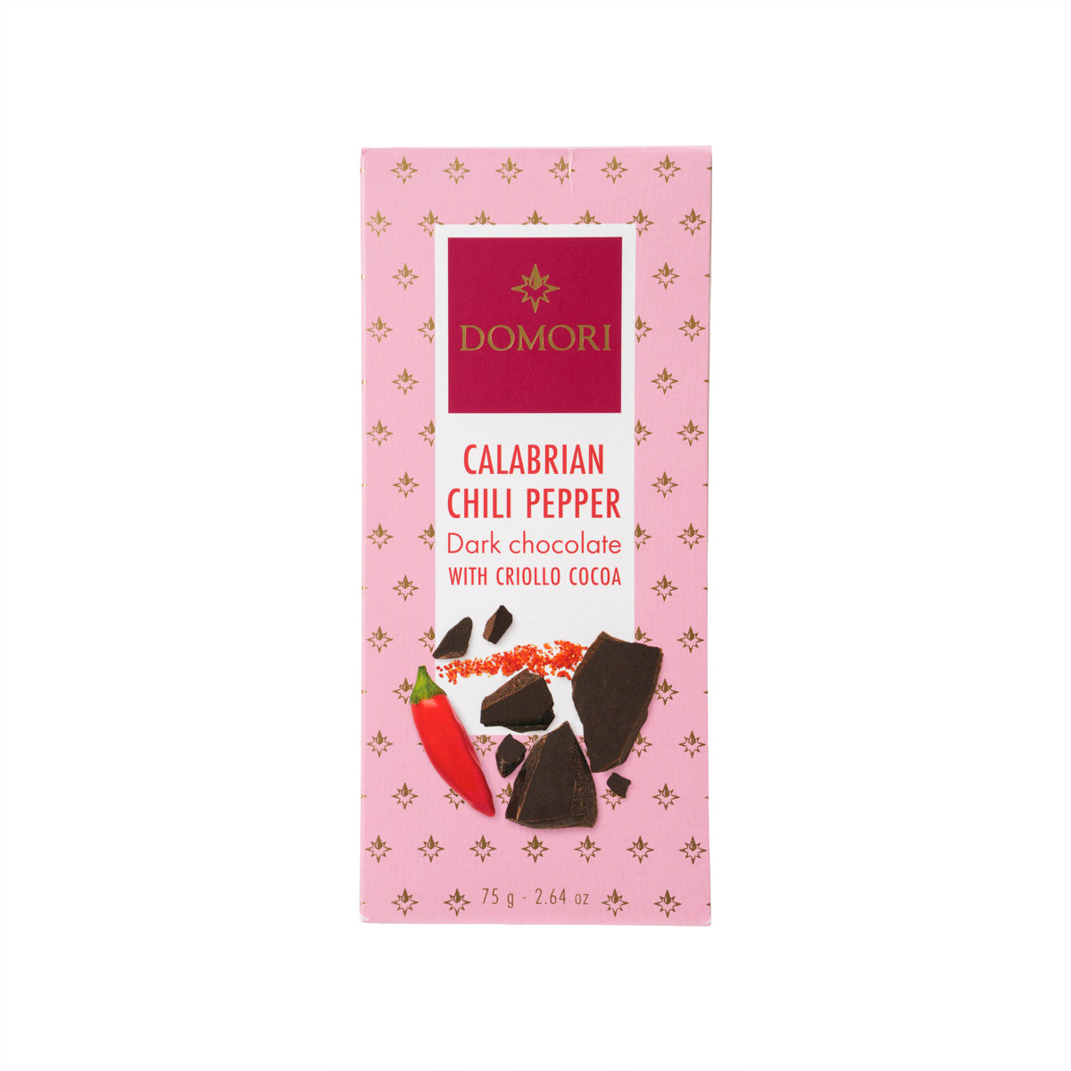 Dark chocolate bar package with Calabrian chili pepper, DOMORI branding, 75 g