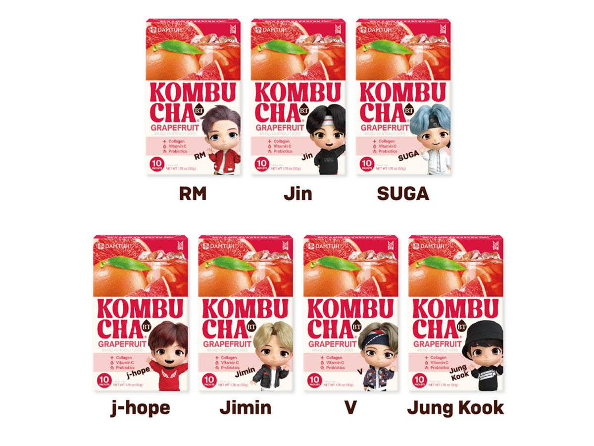 Assorted Kombucha CHA Grapefruit flavor boxes with different cartoon characters