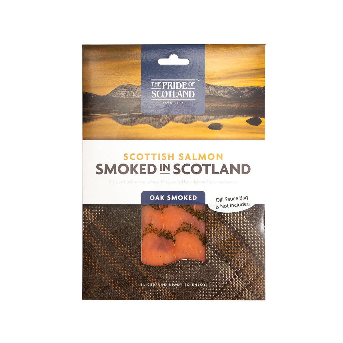 Oak smoked Scottish salmon sliced pack in retail pouch, front label visible.