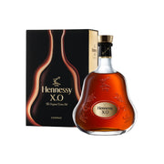 Hennessy XO cognac bottle with label and black-gold gift box