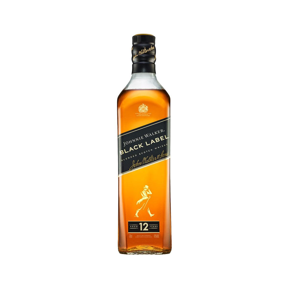JOHNNIE WALKER Black Label whisky bottle, amber liquid, black cap, 12-year label