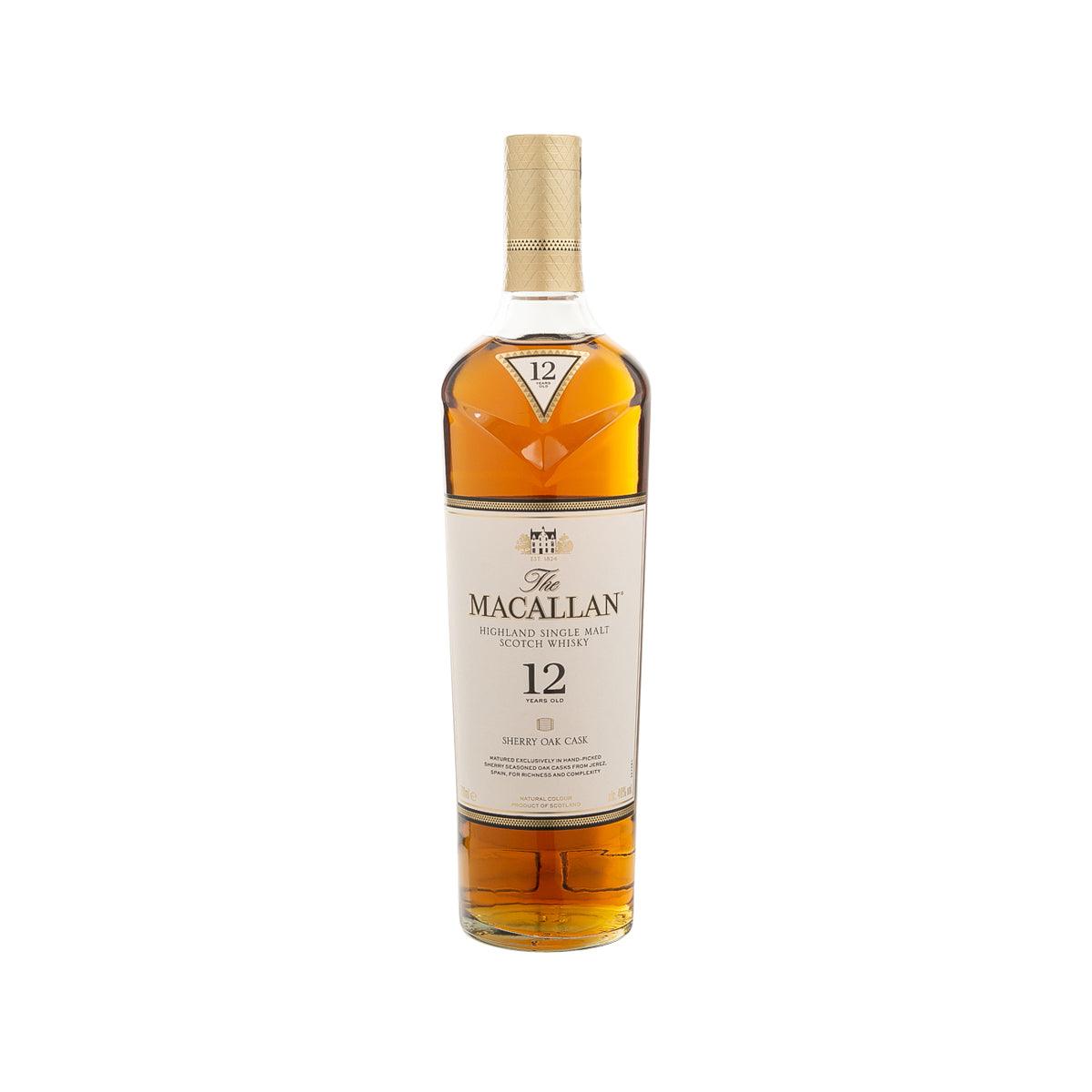 MACALLAN 12-year Sherry Oak single malt whisky bottle with cork and amber liquid